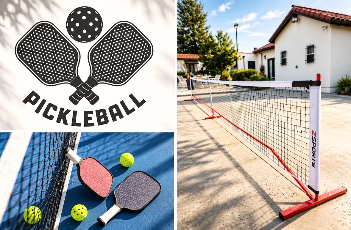 Pickleball collage — paddles and balls on the court and the portable net set up in the villa courtyard